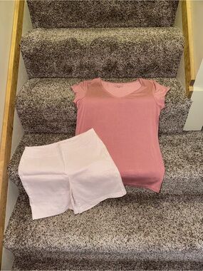 Tahari Rose V-Neck Tee with Rose Ribbed Shorts Set